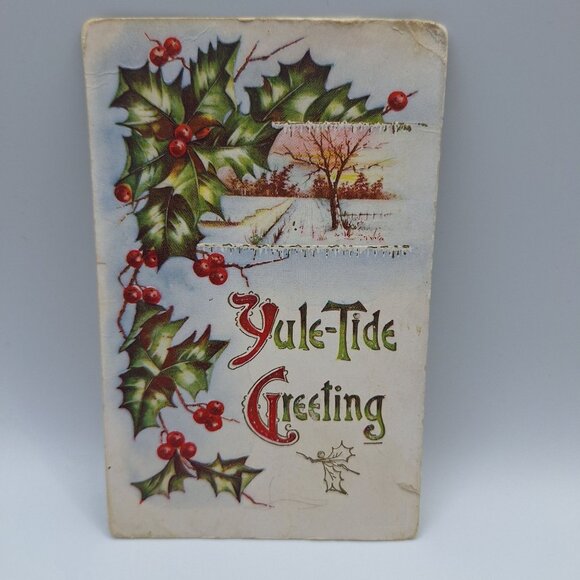 Antique Postcard Yuletide Greetings Holly Berries Embossed Design Posted 1910 - Picture 1 of 5